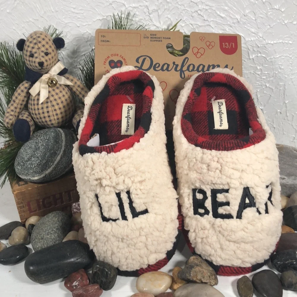 🆕Dearfoam “Lil’ Bear” Buffalo Plaid & Sherpa Slippers Youth Footwear